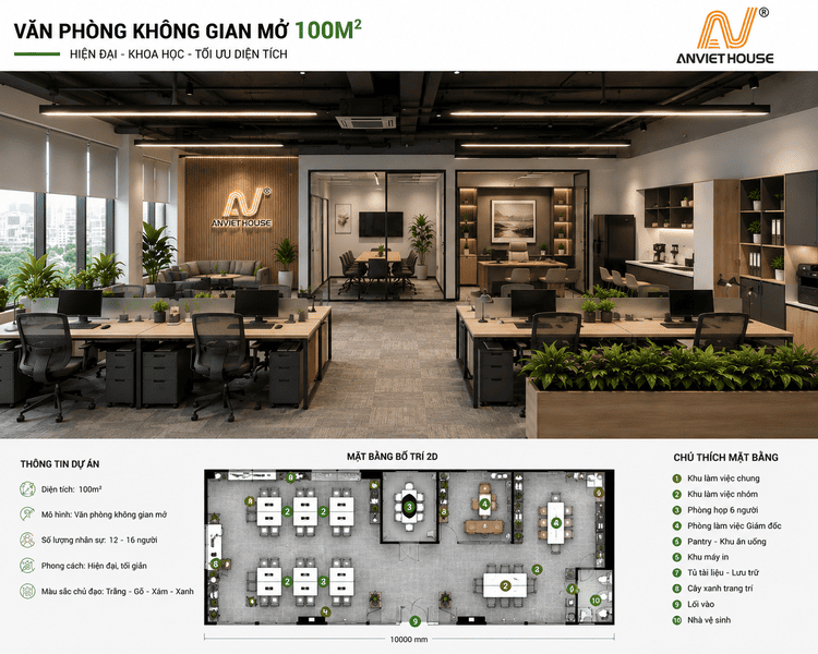 Bố trí mặt bằng văn phòng không gian mở 100m2