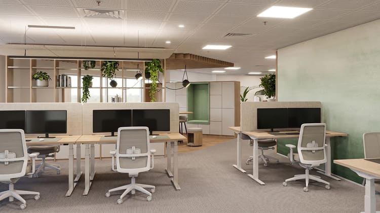 Bố trí bàn làm việc khoa học giúp tối ưu diện tích nhưng vẫn đảm bảo lối đi thuận tiện.