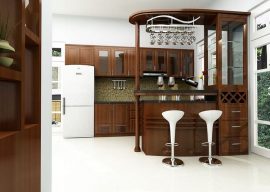 mẫu tủ bếp gỗ tự nhiên kết hợp quầy bar đẹp