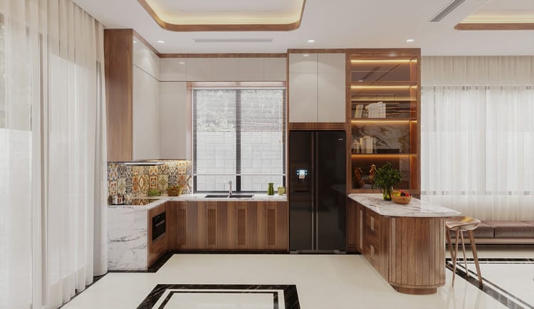 thiết kế nội thất phòng bếp hiện đại cho nhà ống