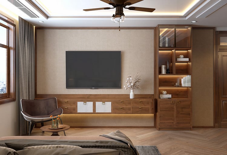 Thiết kế nội thất phòng ngủ gỗ tự nhiên trong biệt thự
