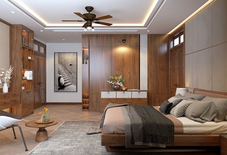 Thiết kế nội thất phòng ngủ gỗ tự nhiên trong biệt thự