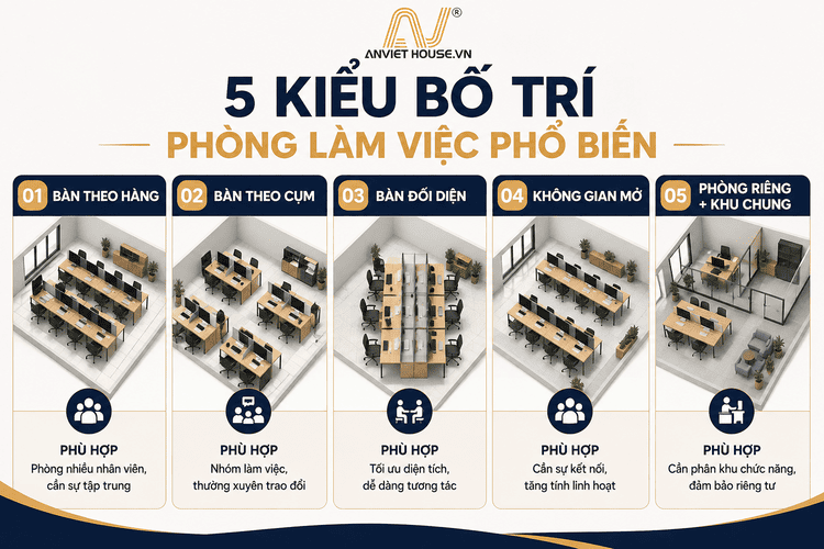 5 kiểu bố trí phòng làm việc phổ biến tại cơ quan