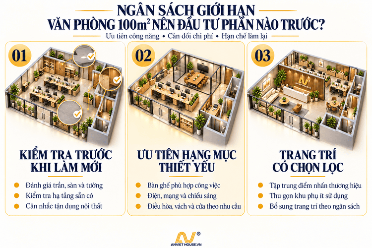 Ngân sách giới hạn văn phòng 100m2 nên ưu tiên hạng mục nào trước