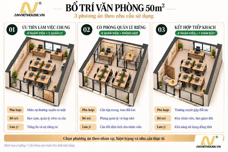 Bố trí văn phòng 50m2, 3 phương án theo nhu cầu sử dụng