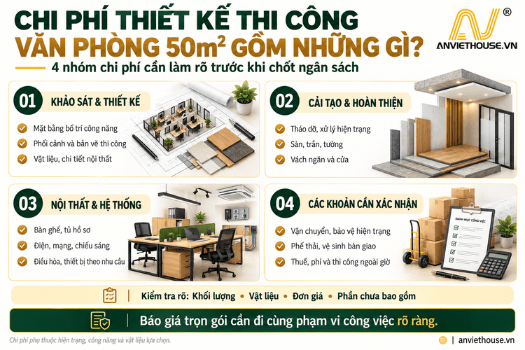 Chi phí thiết kế thi công văn phòng 50m2 gồm những gì