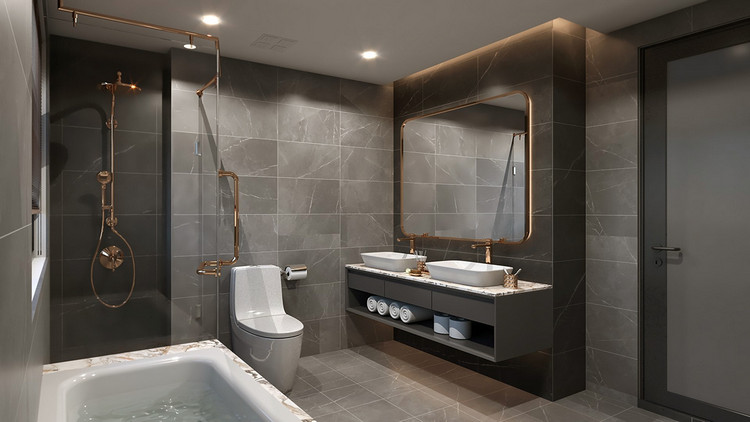Tông màu xám tăng nét sang trọng cho không gian phòng tắm