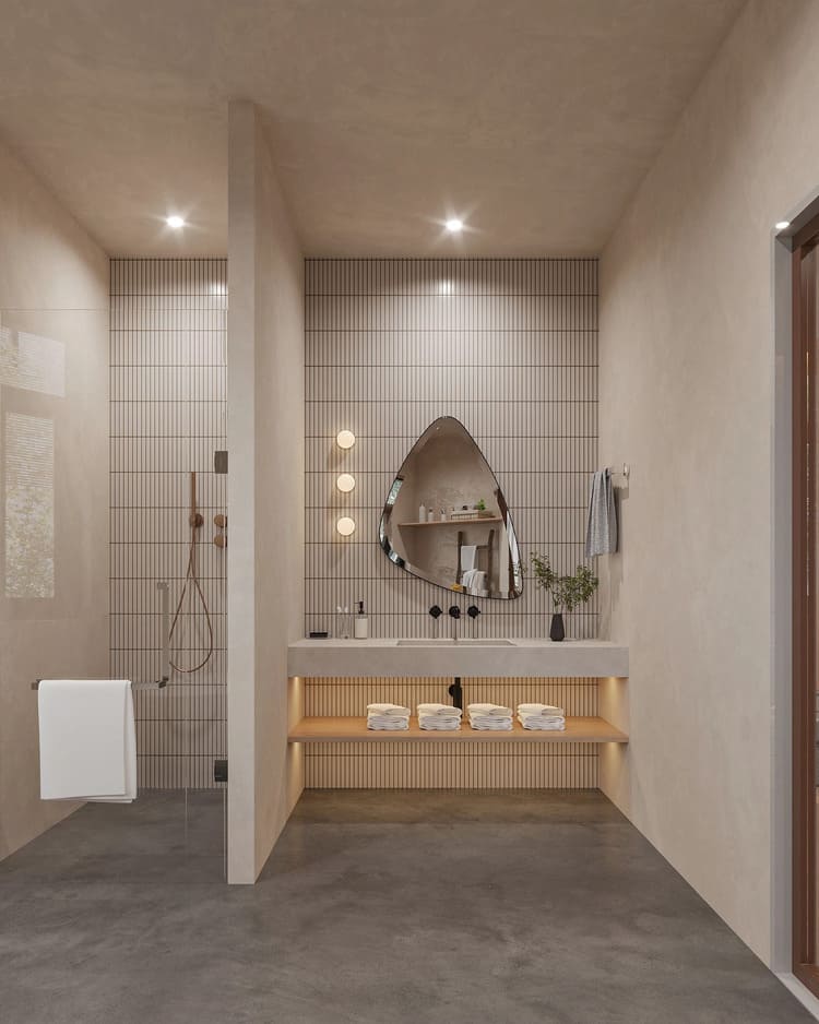 Phòng tắm Wabi-Sabi mang vẻ đẹp thô mộc và tinh tế.