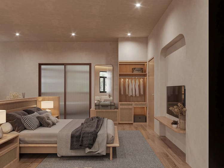 Chất liệu gỗ và vải thô mang đến vẻ đẹp Wabi-Sabi đặc trưng.