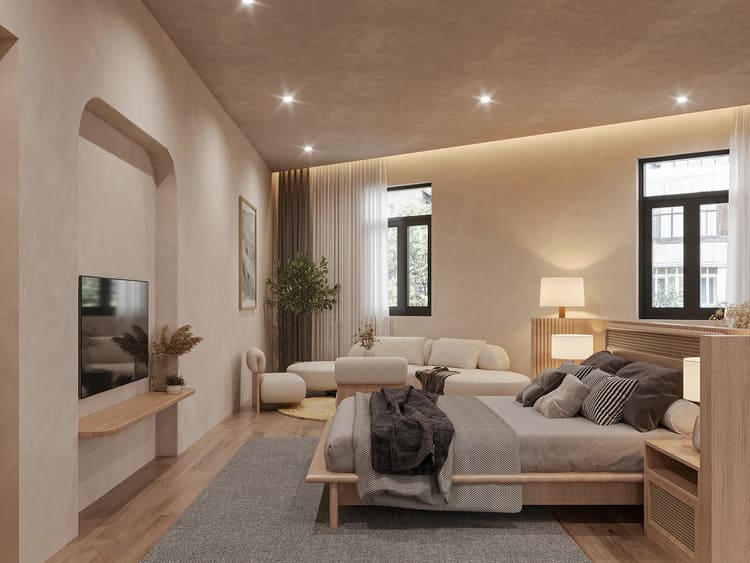 Nội thất tối giản tạo cảm giác thư thái cho phòng ngủ khách sạn.
