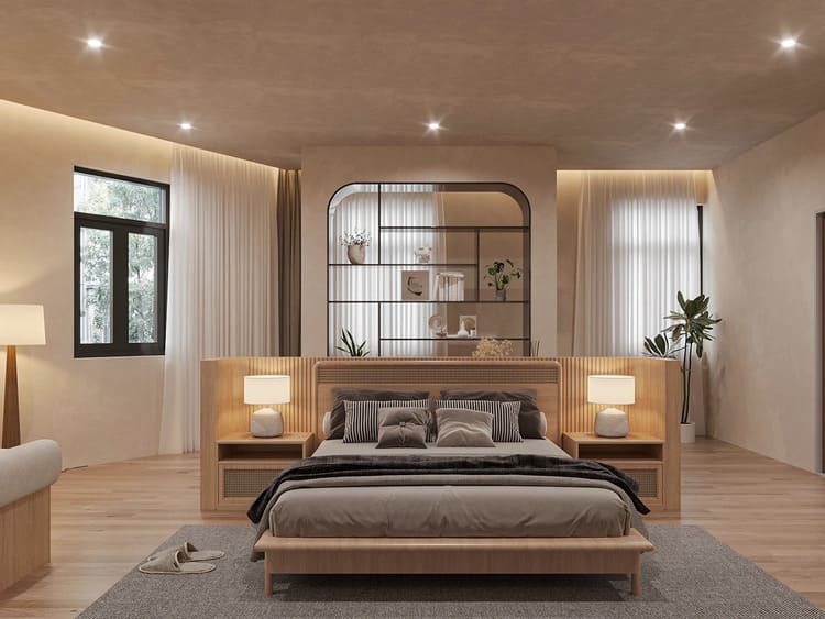 Phòng ngủ Wabi-Sabi mộc mạc, nhẹ nhàng và đề cao vẻ đẹp tự nhiên.
