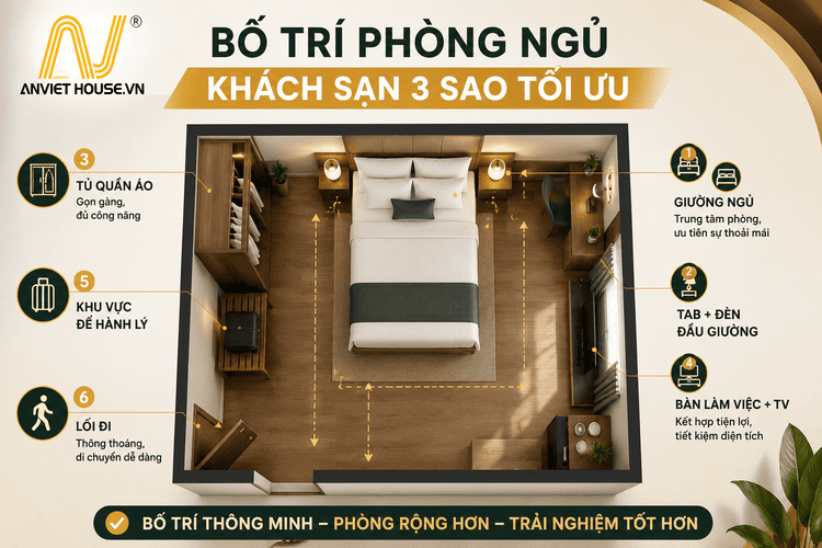 Bố trí phòng ngủ khách sạn 3 sao tối ưu