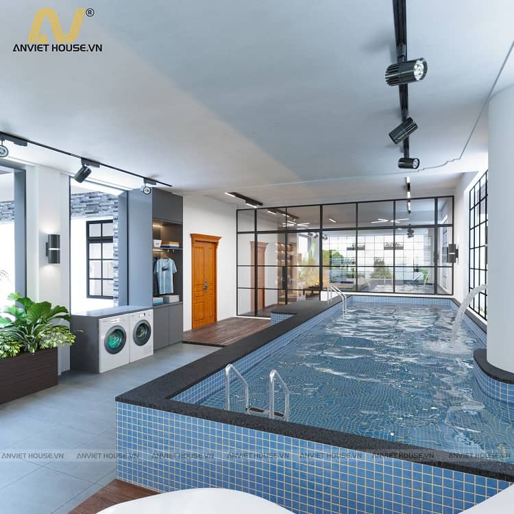 thiết kế nội thất biệt thự chú Quy Thanh Hóa - sân phơi kết hợp bể bơi trong nhà