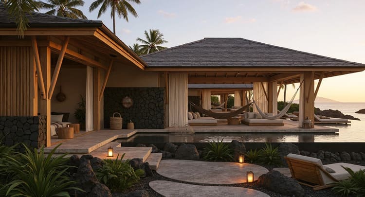 Màu sắc và vật liệu được tiết chế để tạo cảm giác nhẹ nhàng, thư thái đặc trưng của resort biển.