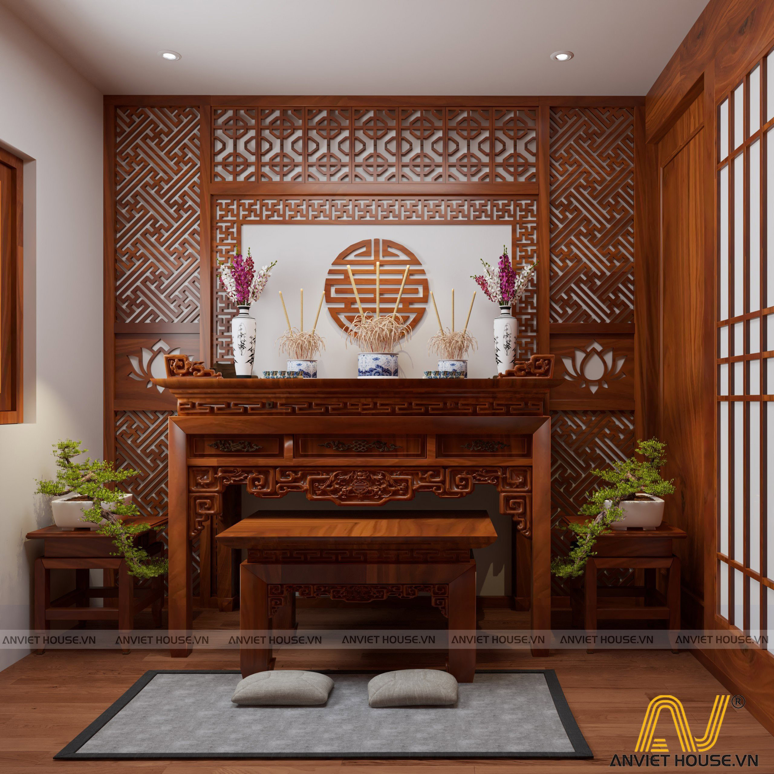 Thiết kế nội thất phòng thờ gỗ xoan đào