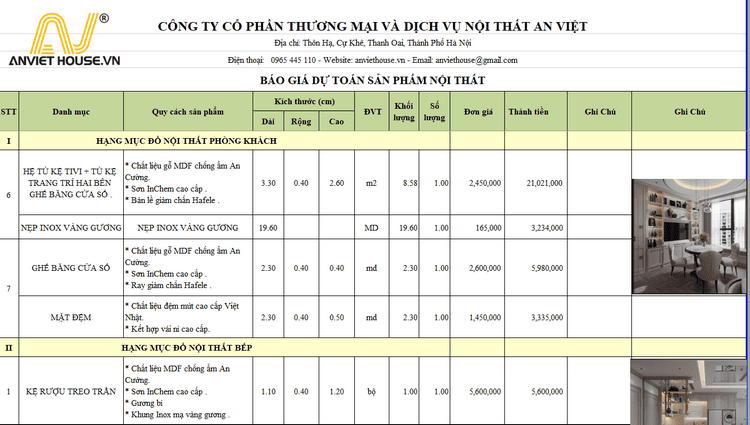 Báo giá thi công nội thất gỗ MDF chống ẩm An Cường sơn inchem cao cấp